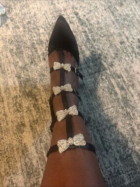 Current Mood Black Pointed T-Strap Pumps with Crystal Bow Accents